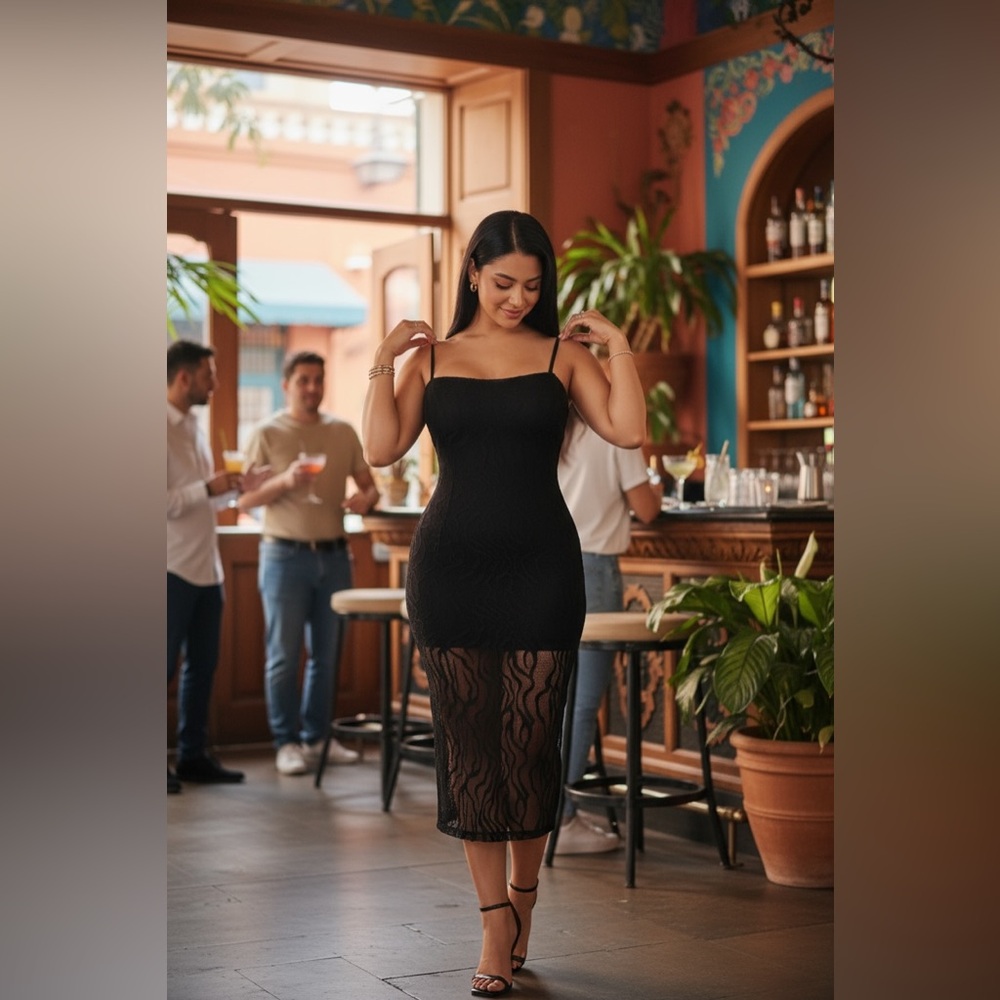 Elegant Black Sheer Midi Dress - Picture 2 of 7